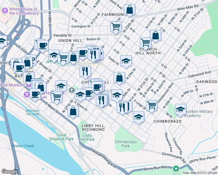 map of restaurants, bars, coffee shops, grocery stores, and more near 412 North 28th Street in Richmond