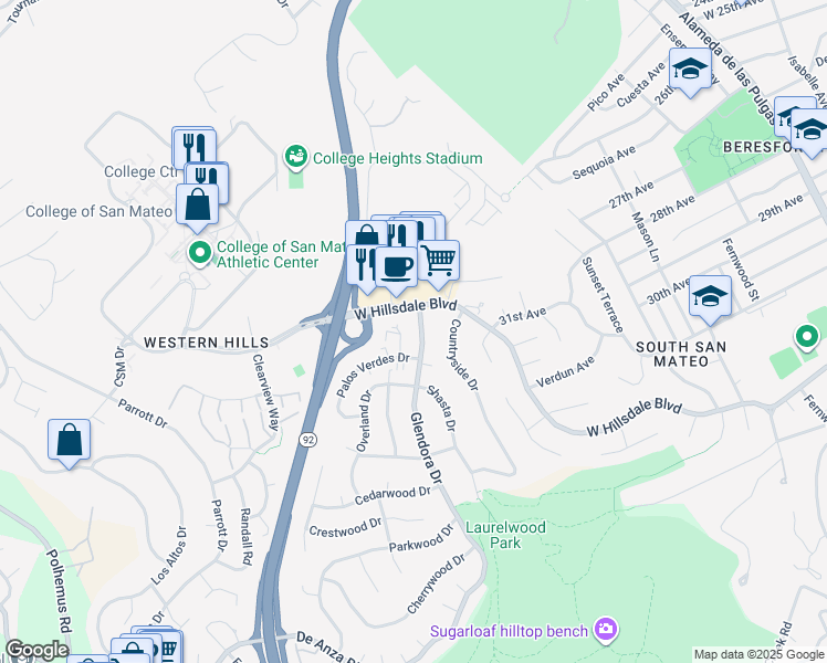 map of restaurants, bars, coffee shops, grocery stores, and more near 1300 Palos Verdes Drive in San Mateo