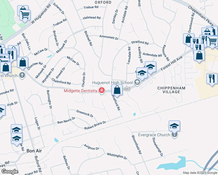 map of restaurants, bars, coffee shops, grocery stores, and more near 2500 Stratford Road in Richmond