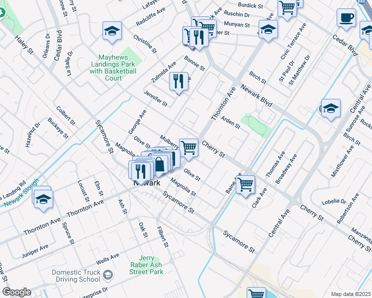 map of restaurants, bars, coffee shops, grocery stores, and more near 36876 Mulberry Street in Newark