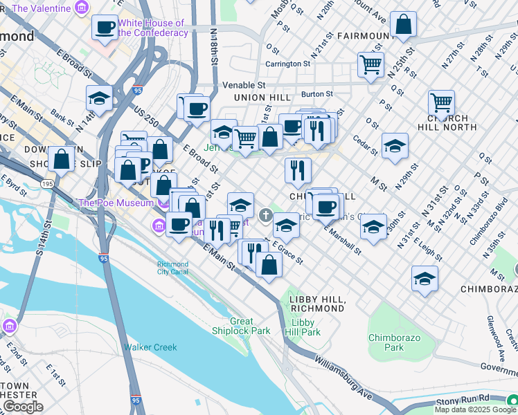 map of restaurants, bars, coffee shops, grocery stores, and more near 2311 East Broad Street in Richmond