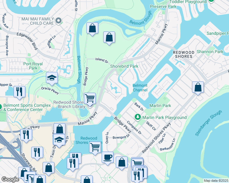 map of restaurants, bars, coffee shops, grocery stores, and more near 536 Shorebird Circle in Redwood City