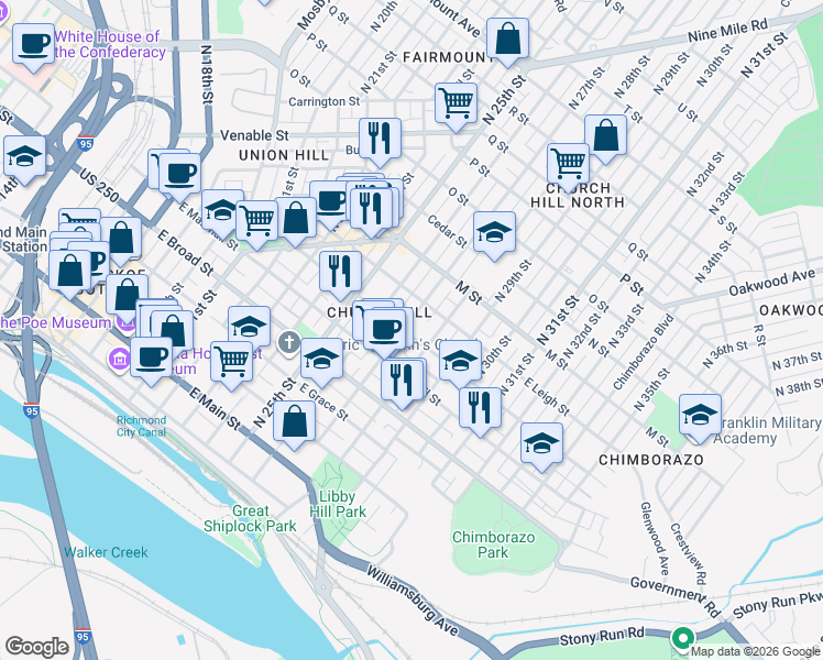 map of restaurants, bars, coffee shops, grocery stores, and more near 516 North 27th Street in Richmond