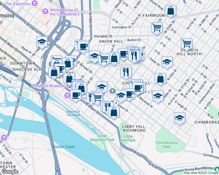 map of restaurants, bars, coffee shops, grocery stores, and more near 2311 East Broad Street in Richmond