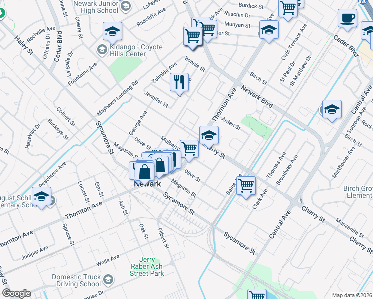 map of restaurants, bars, coffee shops, grocery stores, and more near 36976 Mulberry Street in Newark