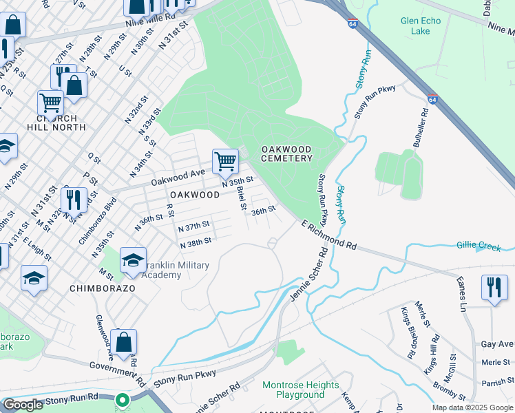map of restaurants, bars, coffee shops, grocery stores, and more near 3526 East Richmond Road in Richmond