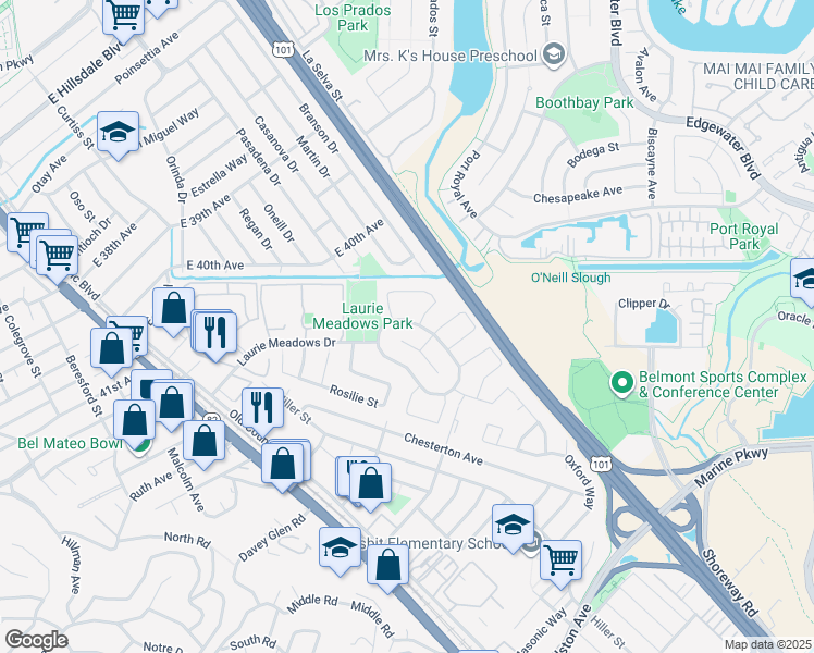 map of restaurants, bars, coffee shops, grocery stores, and more near 116 Woodbridge Circle in San Mateo