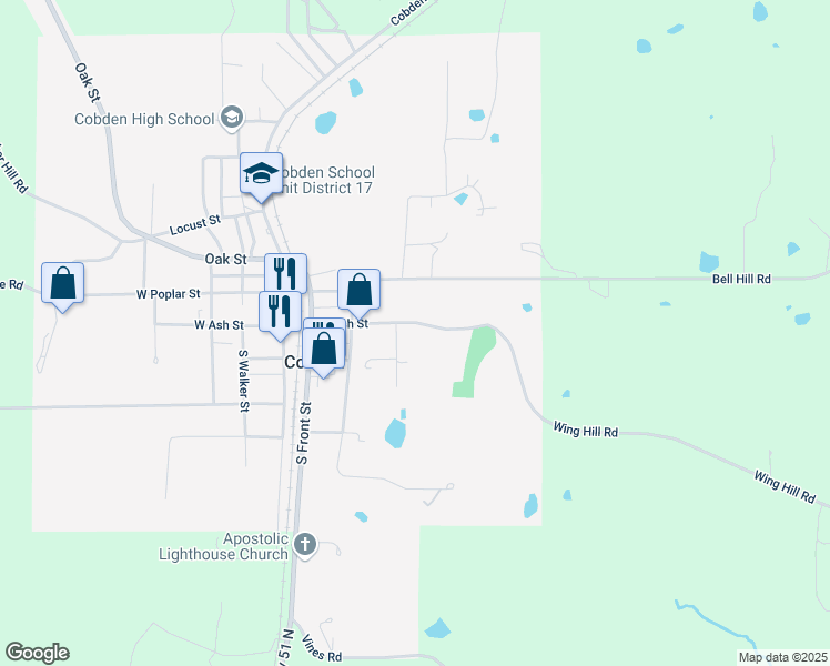 map of restaurants, bars, coffee shops, grocery stores, and more near 300-490 East Ash Street in Cobden