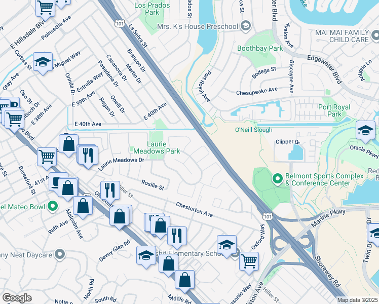 map of restaurants, bars, coffee shops, grocery stores, and more near 1101 Vailwood Way in San Mateo