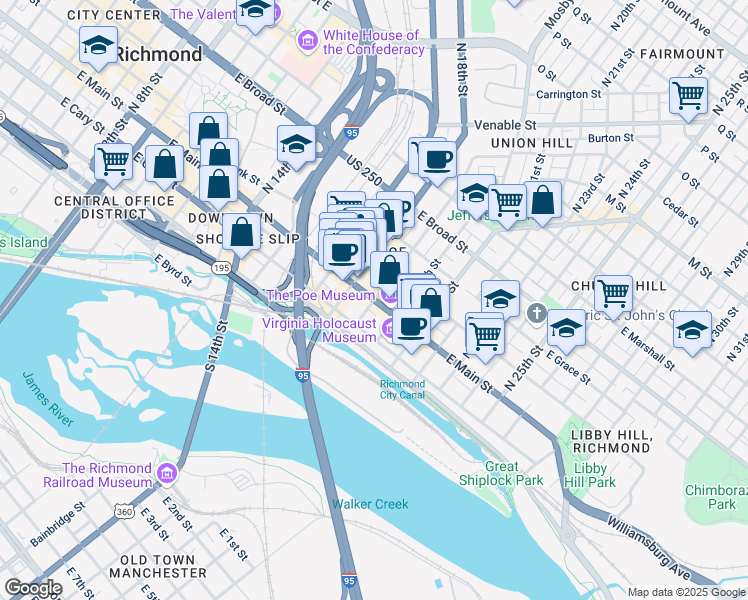 map of restaurants, bars, coffee shops, grocery stores, and more near E Main St & N 19th St in Richmond