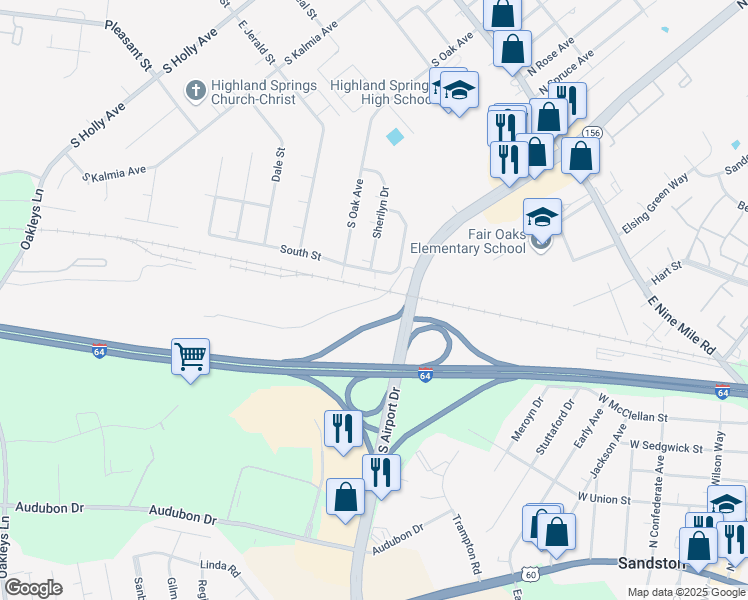 map of restaurants, bars, coffee shops, grocery stores, and more near 510 Eastpark Court in Sandston