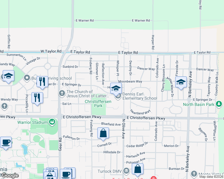 map of restaurants, bars, coffee shops, grocery stores, and more near 662 Helen Drive in Turlock