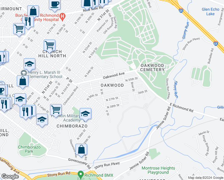 map of restaurants, bars, coffee shops, grocery stores, and more near 1226 North 36th Street in Richmond