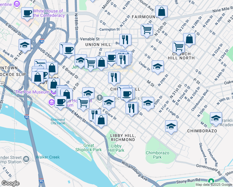 map of restaurants, bars, coffee shops, grocery stores, and more near 2506 East Marshall Street in Richmond