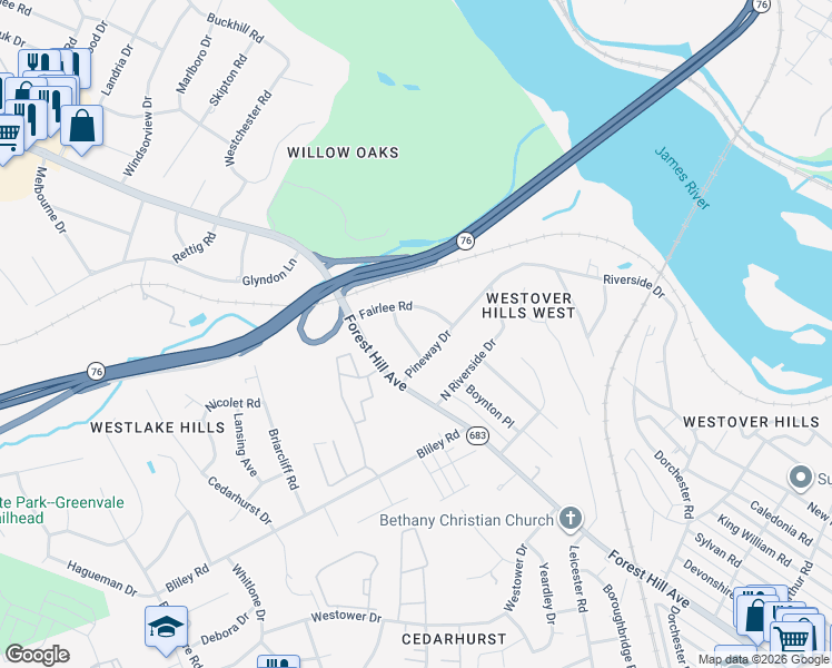 map of restaurants, bars, coffee shops, grocery stores, and more near 5951 Fairlee Road in Richmond