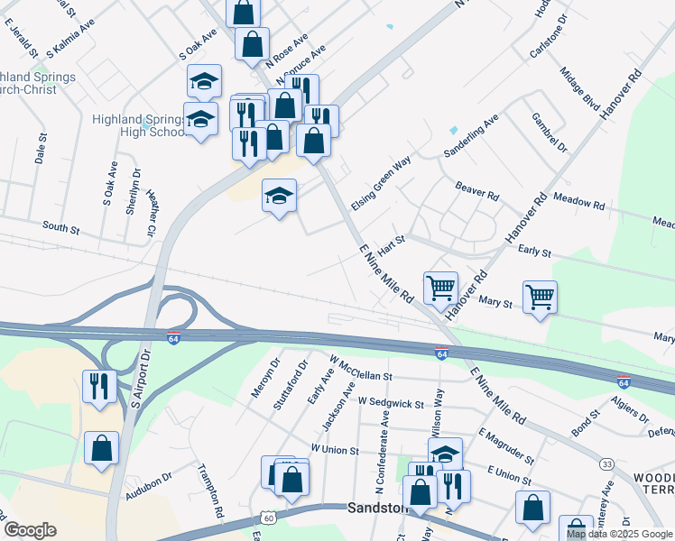 map of restaurants, bars, coffee shops, grocery stores, and more near 212 Banks Street in Highland Springs
