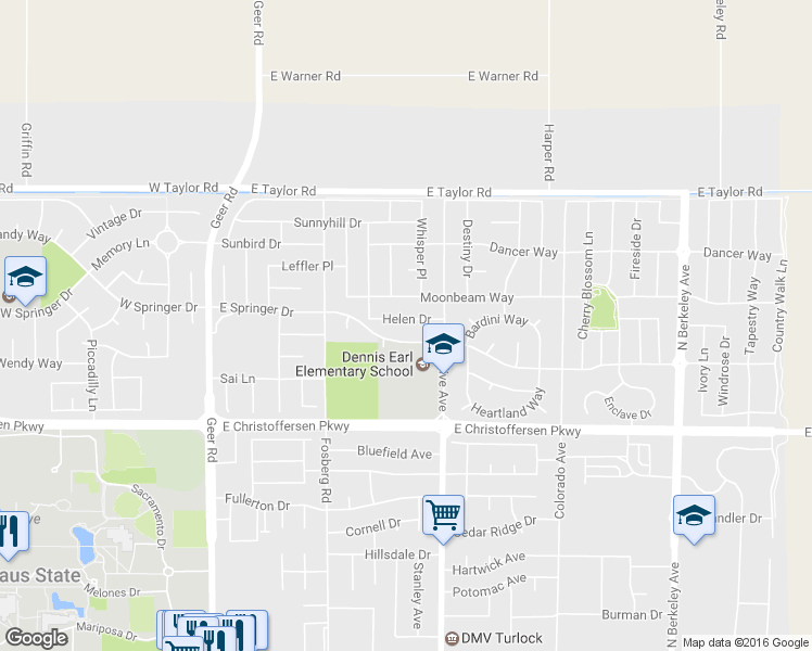 map of restaurants, bars, coffee shops, grocery stores, and more near 672 Helen Drive in Turlock