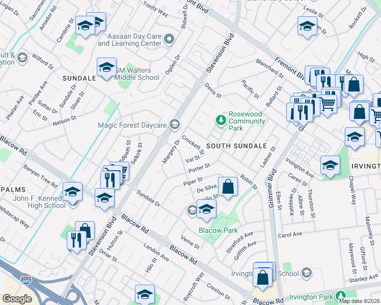 map of restaurants, bars, coffee shops, grocery stores, and more near 4590 Crockett Court in Fremont
