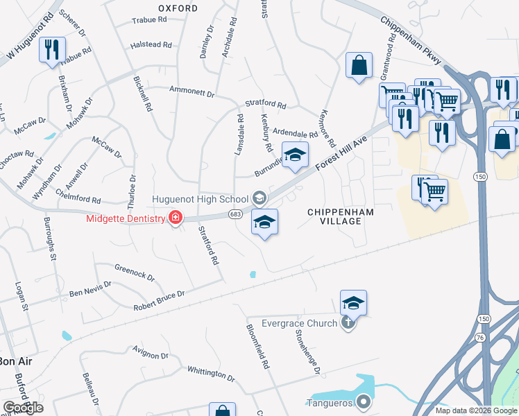 map of restaurants, bars, coffee shops, grocery stores, and more near 7945 Forest Hill Avenue in Richmond