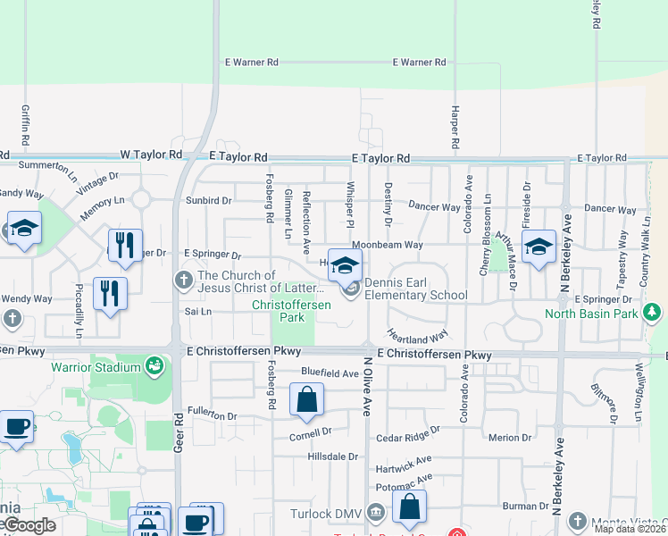 map of restaurants, bars, coffee shops, grocery stores, and more near 652 Moonbeam Way in Turlock