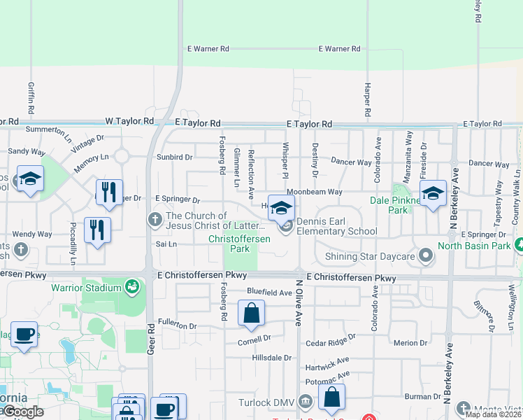 map of restaurants, bars, coffee shops, grocery stores, and more near 652 Moonbeam Way in Turlock