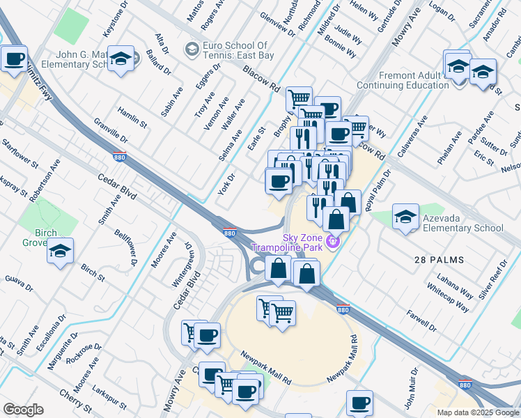 map of restaurants, bars, coffee shops, grocery stores, and more near 5400 Farwell Place in Fremont