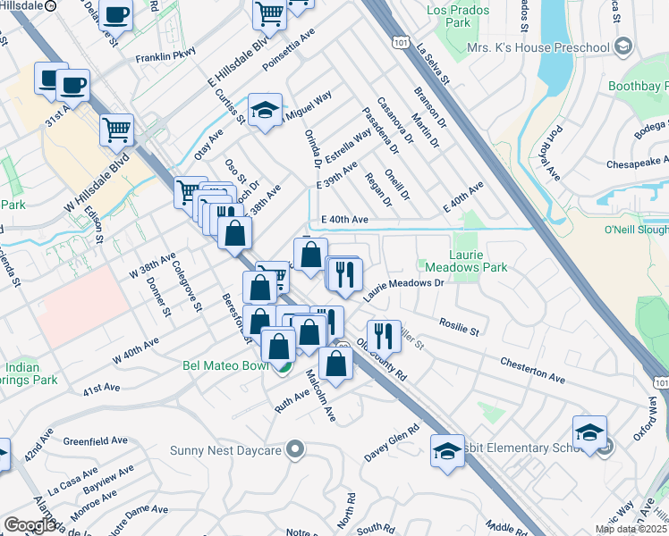 map of restaurants, bars, coffee shops, grocery stores, and more near 4158 George Avenue in San Mateo