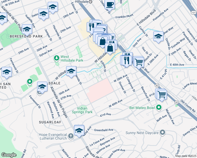 map of restaurants, bars, coffee shops, grocery stores, and more near 224 36th Avenue in San Mateo