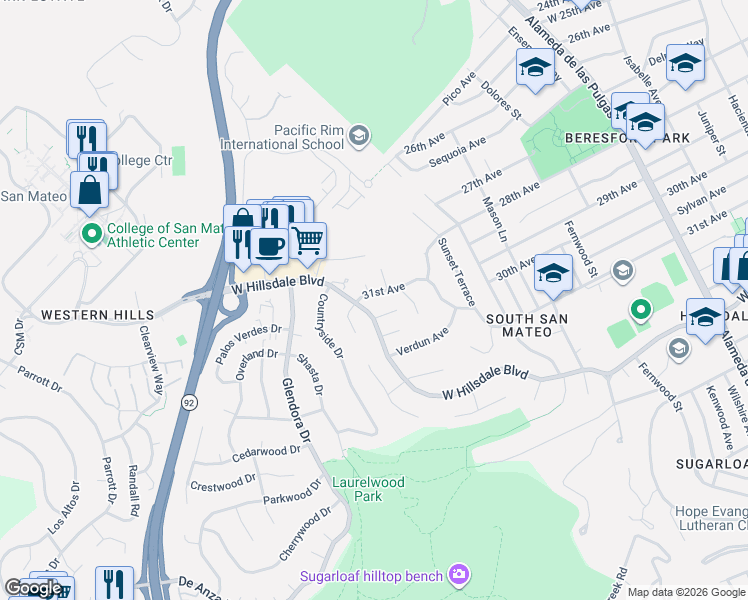 map of restaurants, bars, coffee shops, grocery stores, and more near in San Mateo