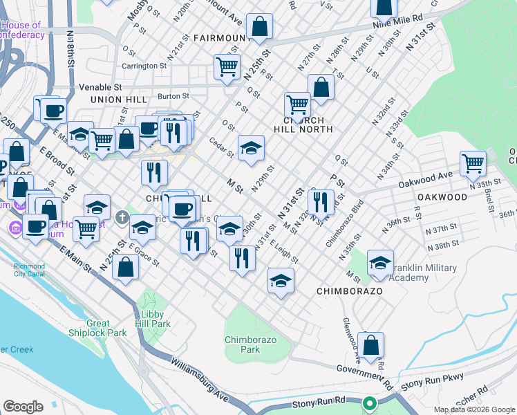 map of restaurants, bars, coffee shops, grocery stores, and more near 2825 M Street in Richmond