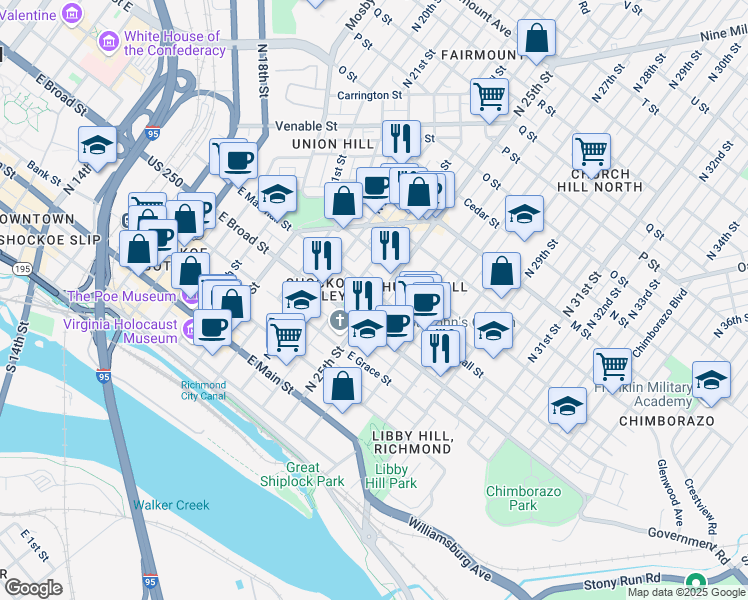 map of restaurants, bars, coffee shops, grocery stores, and more near 404 North 25th Street in Richmond