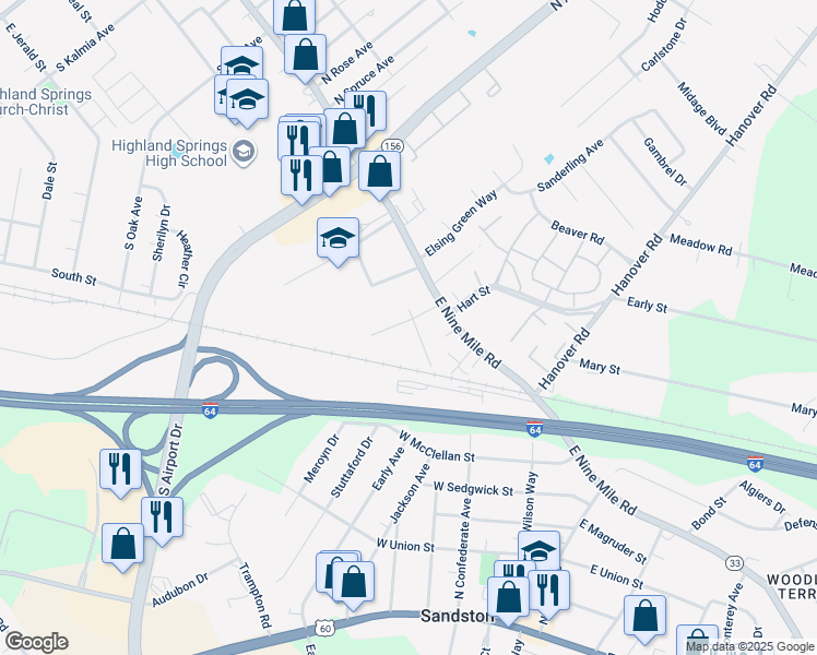 map of restaurants, bars, coffee shops, grocery stores, and more near 212 Banks Street in Highland Springs