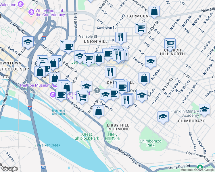 map of restaurants, bars, coffee shops, grocery stores, and more near 320 North 25th Street in Richmond