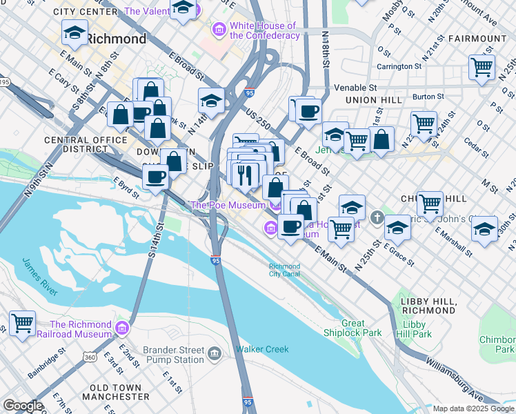 map of restaurants, bars, coffee shops, grocery stores, and more near 12 South 19th Street in Richmond