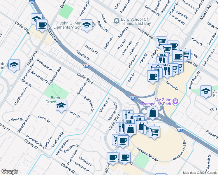 map of restaurants, bars, coffee shops, grocery stores, and more near Higo Way in Newark
