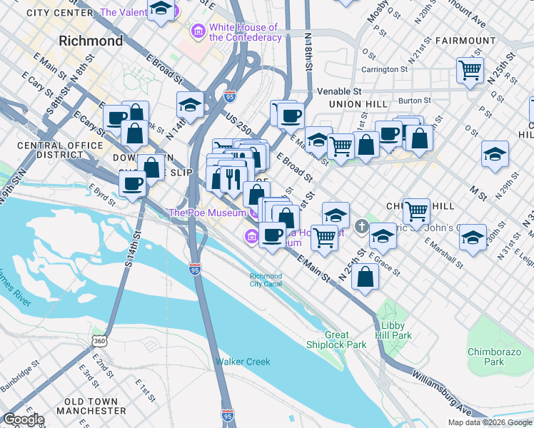 map of restaurants, bars, coffee shops, grocery stores, and more near 20 North 20th Street in Richmond