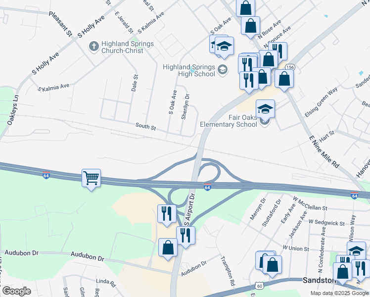 map of restaurants, bars, coffee shops, grocery stores, and more near 510 Eastpark Court in Sandston