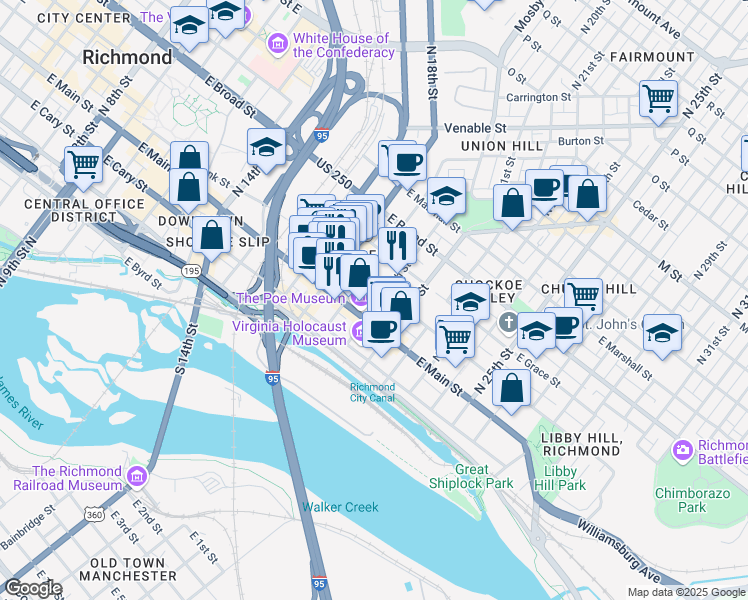 map of restaurants, bars, coffee shops, grocery stores, and more near 20 North 20th Street in Richmond