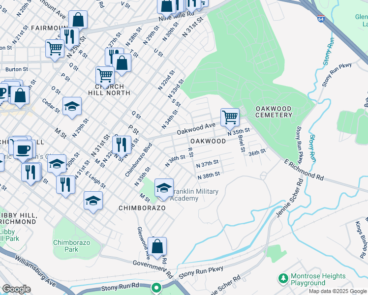 map of restaurants, bars, coffee shops, grocery stores, and more near 1115 North 35th Street in Richmond