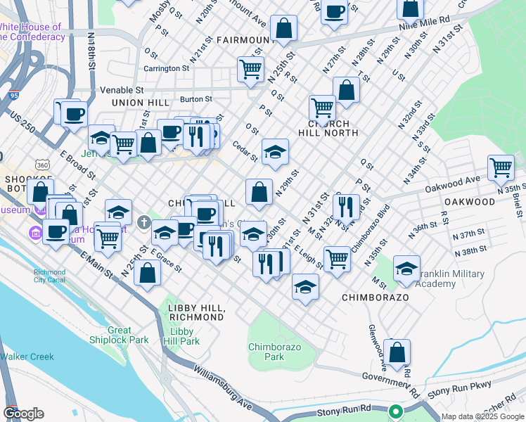 map of restaurants, bars, coffee shops, grocery stores, and more near 612 North 29th Street in Richmond