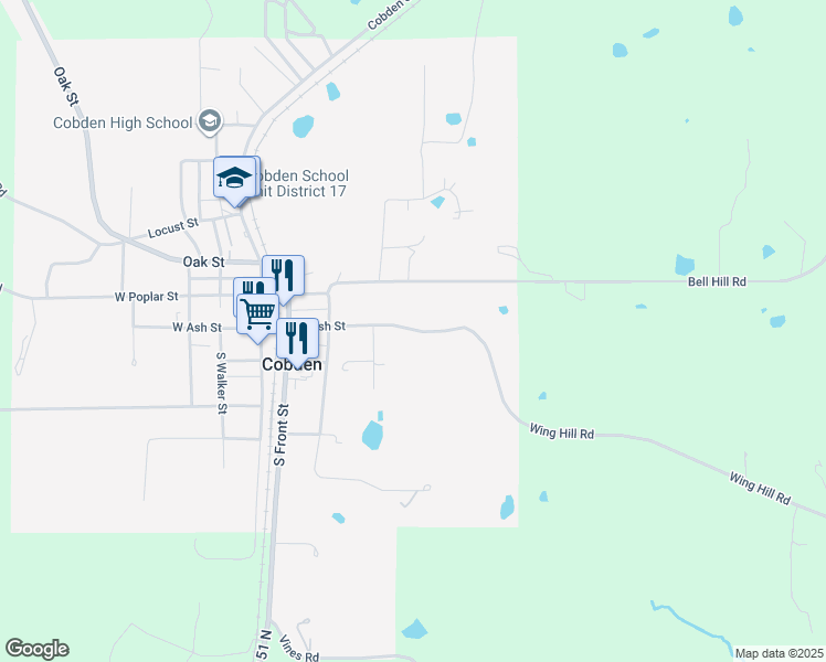 map of restaurants, bars, coffee shops, grocery stores, and more near County Highway 8 in Cobden