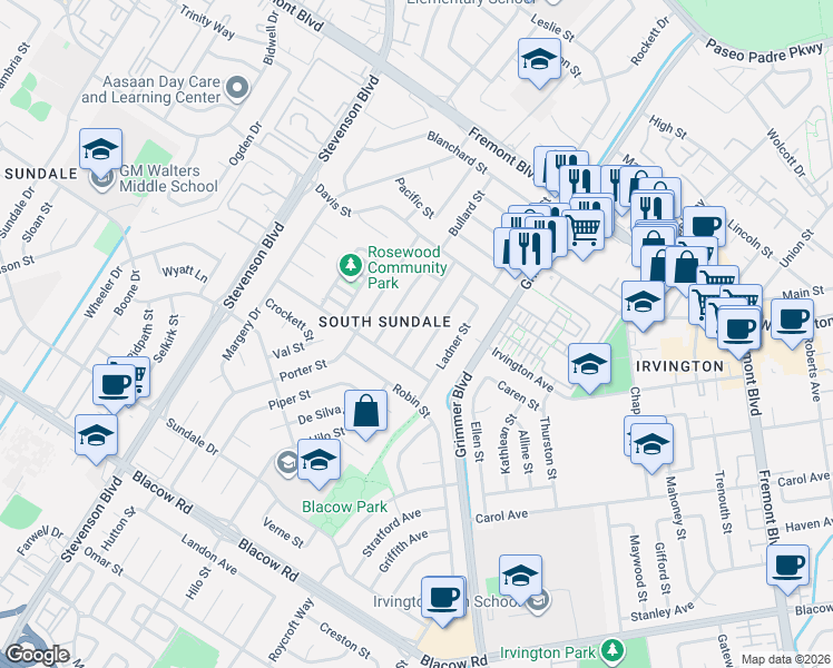 map of restaurants, bars, coffee shops, grocery stores, and more near 4454 Cahill Street in Fremont