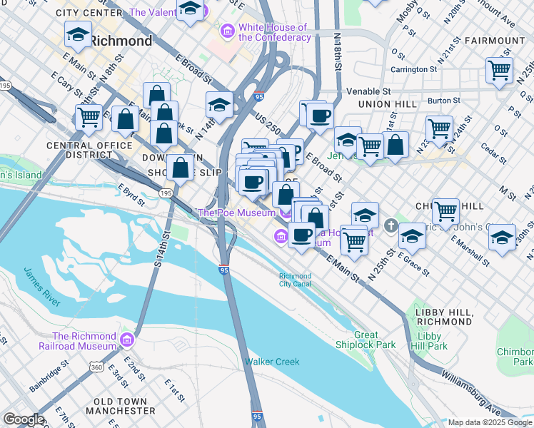 map of restaurants, bars, coffee shops, grocery stores, and more near 10 South 20th Street in Richmond