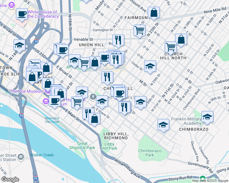 map of restaurants, bars, coffee shops, grocery stores, and more near in Richmond