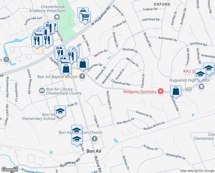 map of restaurants, bars, coffee shops, grocery stores, and more near 8516 Forest Hill Avenue in Richmond