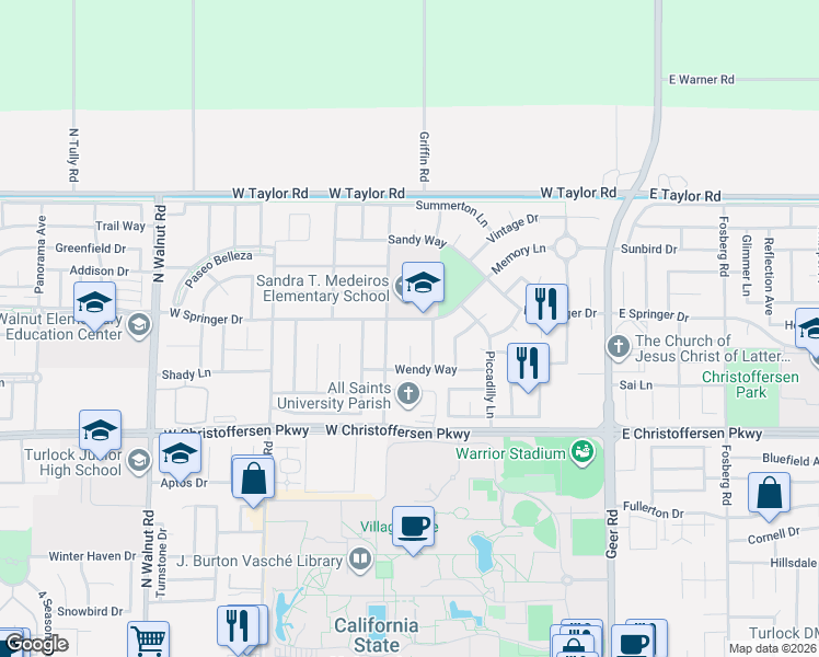 map of restaurants, bars, coffee shops, grocery stores, and more near 651 West Springer Drive in Turlock