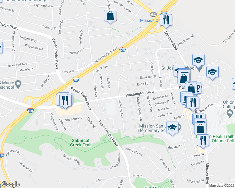 map of restaurants, bars, coffee shops, grocery stores, and more near 43157 Gallegos Avenue in Fremont