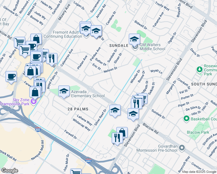 map of restaurants, bars, coffee shops, grocery stores, and more near 39636 Bliss Court in Fremont