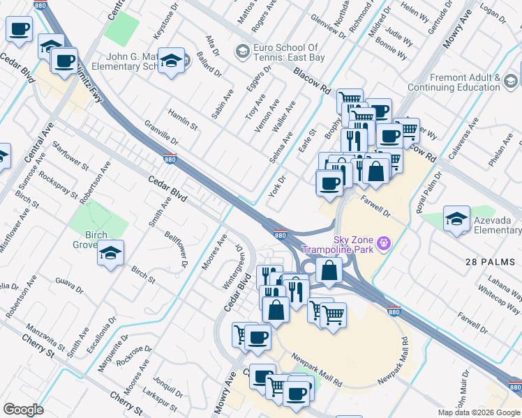 map of restaurants, bars, coffee shops, grocery stores, and more near 38685 Granville Drive in Fremont