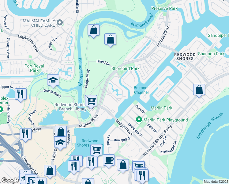 map of restaurants, bars, coffee shops, grocery stores, and more near 206 Shorebird Circle in Redwood City